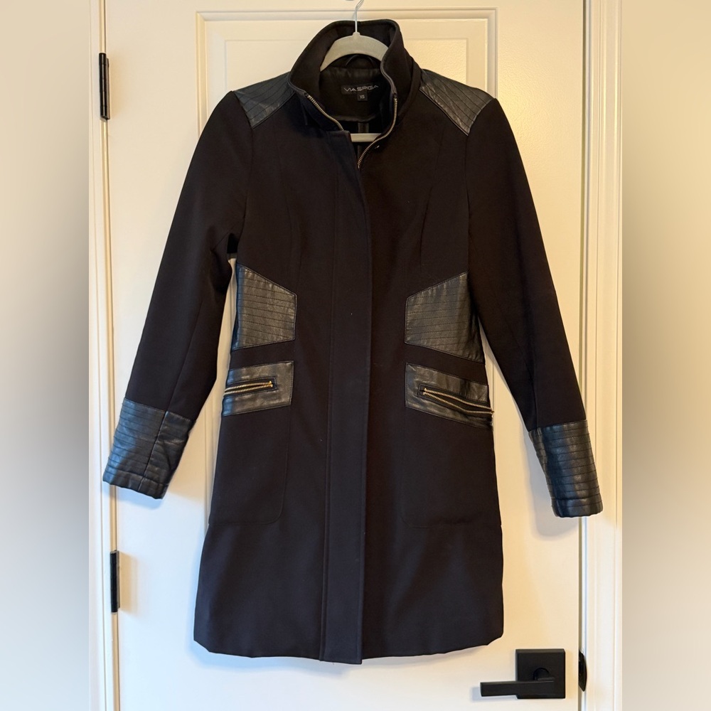 Via Spiga Black Trench Coat with Quilted Faux-Leather Accents